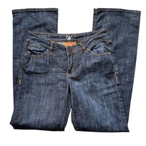 Worn Dark Wash Blue Cotton Denim Flare Bootcut Mid Rise Jeans 10 Long